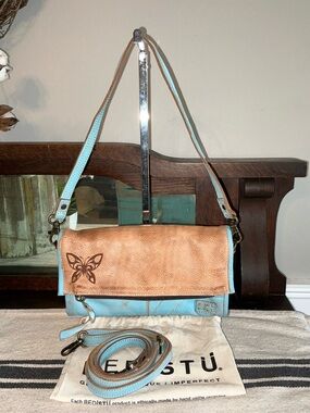 NWOT Bed Stu Amina II Crossbody Clutch Wallet Handbag Baby Blue Nectar Lux $195
